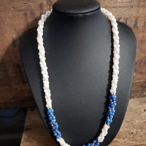 Costume Jewelry - Necklace and Bracelet - Pearl and Blue Beads with Gold Tone